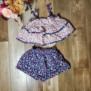 JANIE AND JACK Girls 2pc Mixed Print Tank And Shorts Blue White Floral EUC